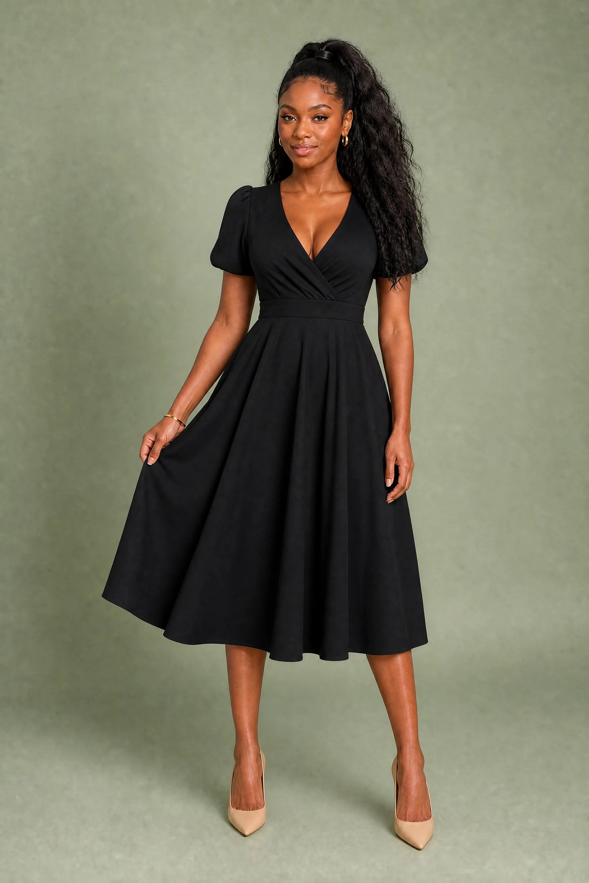 Robe col V croisé manches bouffantes | Variante Noir | Lounelle Paris
