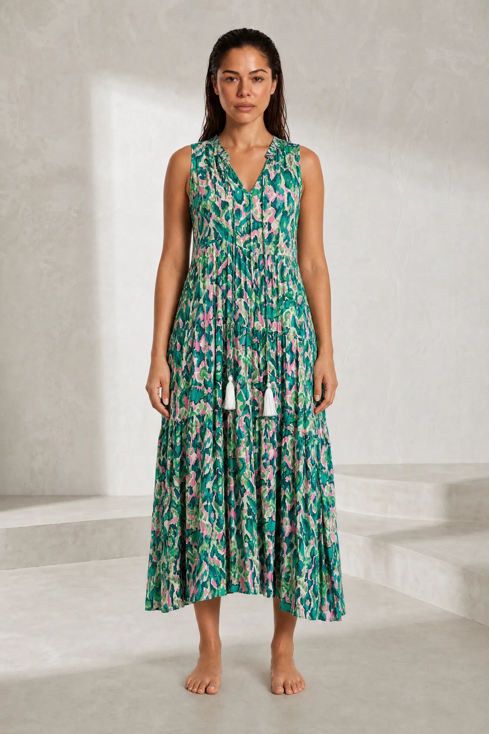 Robe imprimée col V franges | Lounelle Paris