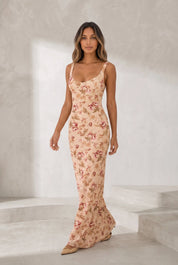 Robe longue abricot fleurie dos nu | Lounelle Paris