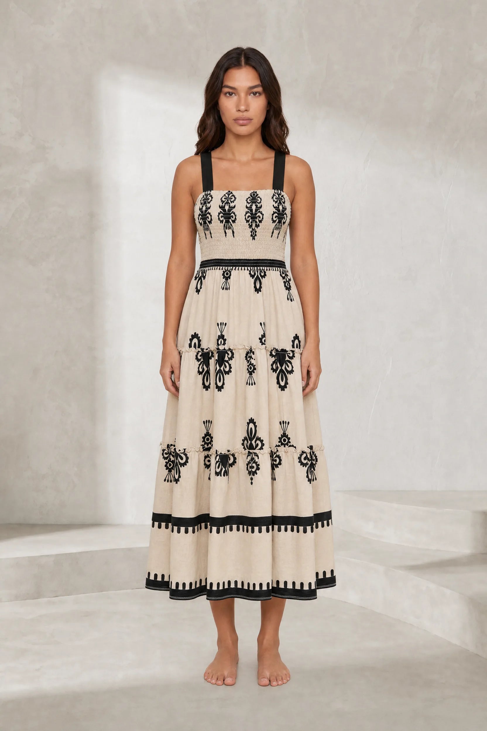 Robe longue abricot imprimée smockée | Lounelle Paris