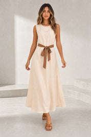 Robe longue abricot sans manches ceinturée | Lounelle Paris