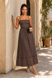 Robe longue beige rayée dos nu | Variante Marron - Lifestyle | Lounelle Paris