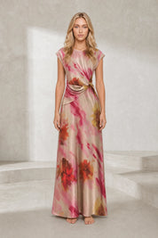 Robe longue beige rosé imprimée | Lounelle Paris
