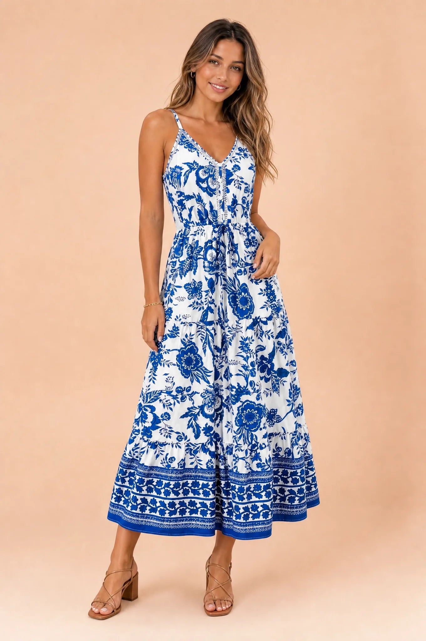 Robe longue blanche col V imprimée | Vue de face | Lounelle Paris