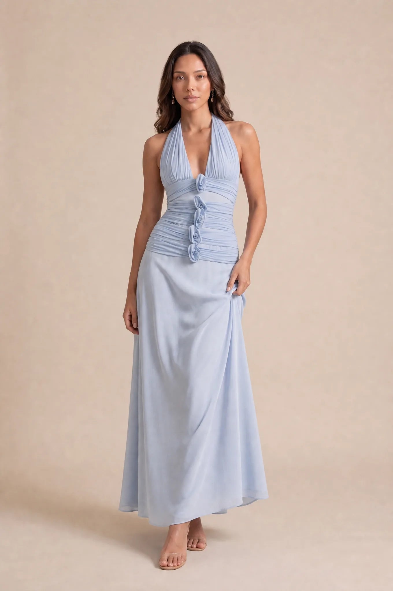 Robe longue bleu clair dos nu | Vue en mouvement | Lounelle Paris