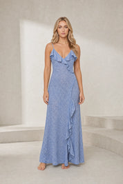 Robe longue bleu clair dos ouvert | Lounelle Paris