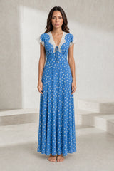Robe longue bleue à pois col V