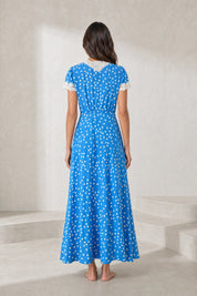 Robe longue bleue à pois col V | Lounelle Paris