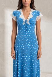 Robe longue bleue à pois col V | Lounelle Paris