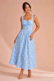 Robe longue bleue encolure carrée dos smocké | Vue de face | Lounelle Paris