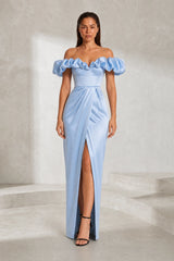 Robe longue bleue fendue épaules dénudées