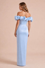Robe longue bleue fendue épaules dénudées | Vue de dos | Lounelle Paris