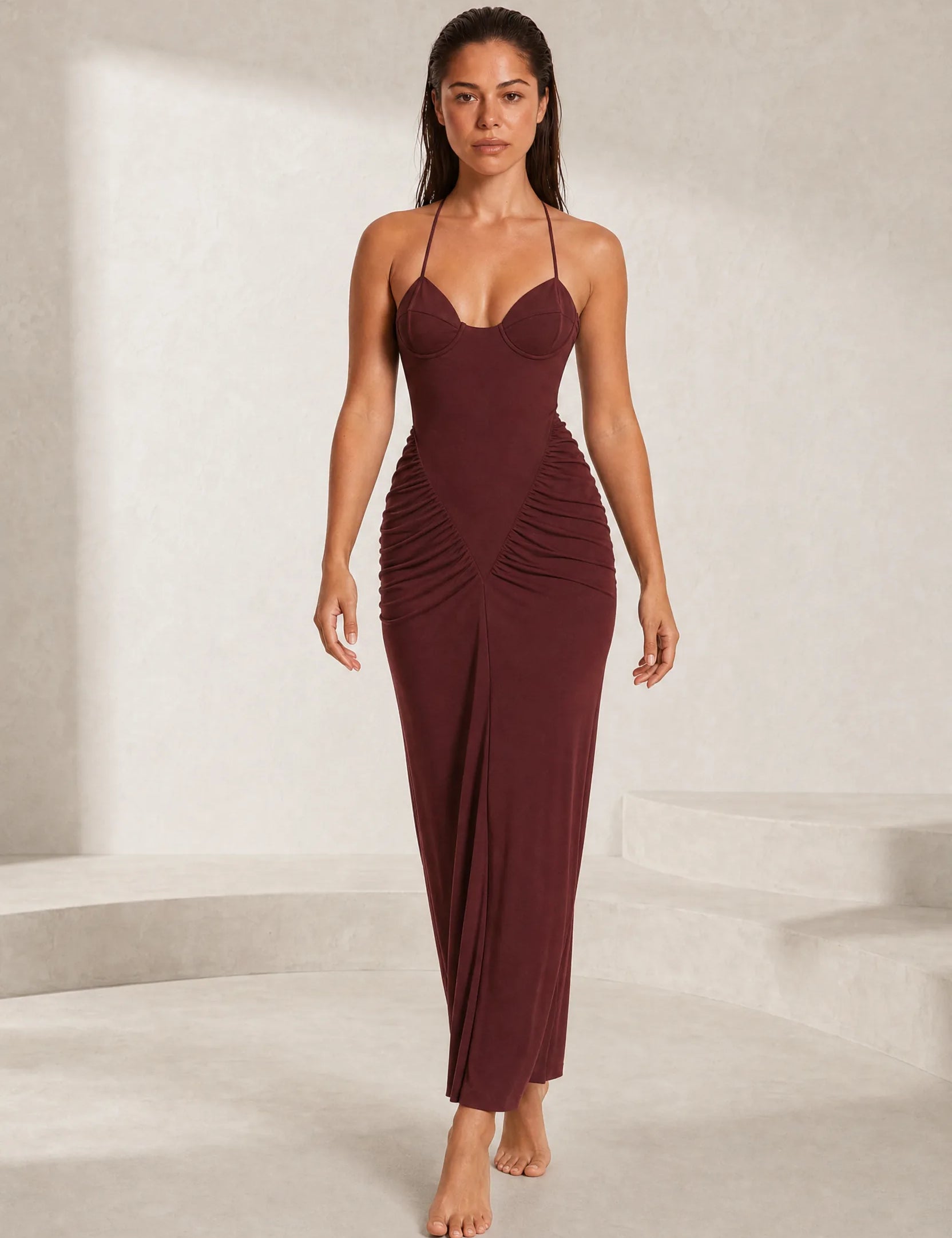 Robe longue bordeaux à fines bretelles | Lounelle Paris