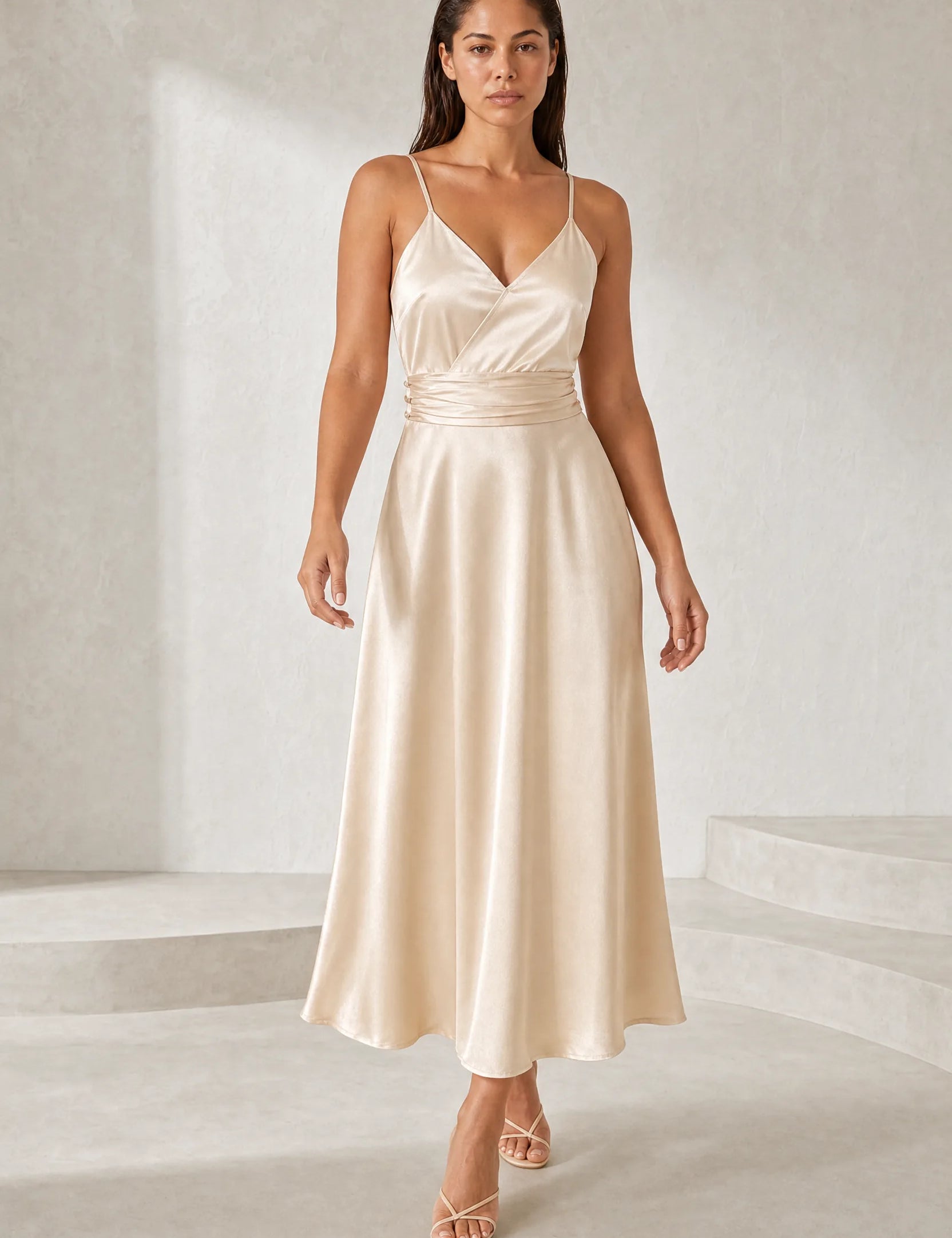 Robe longue champagne fines bretelles | Lounelle Paris