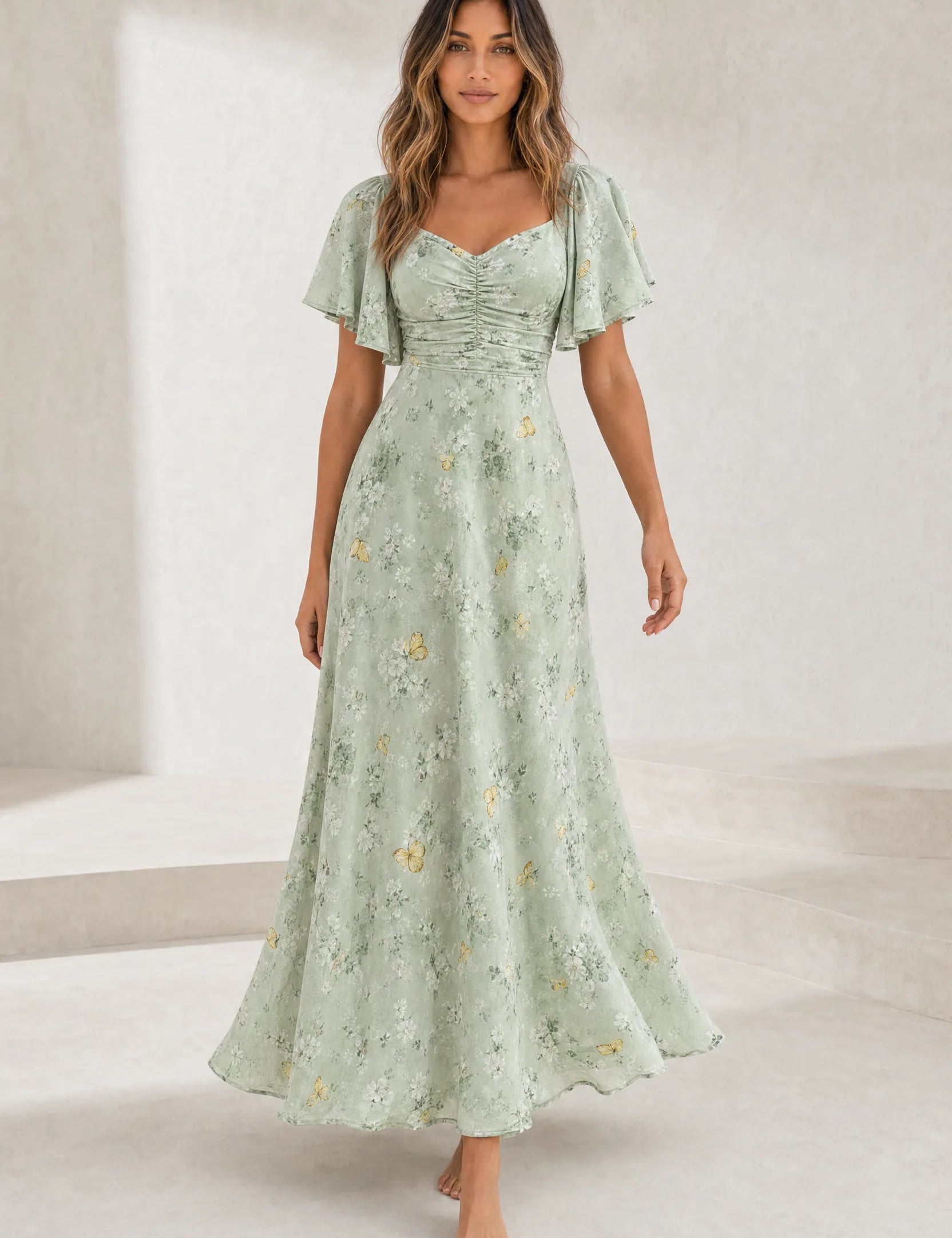 Robe longue col carré manches volantées | Lounelle Paris