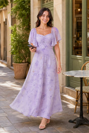 Robe longue col carré manches volantées | Variante Violet - Lifestyle | Lounelle Paris