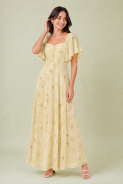Robe longue col carré manches volantées | Variante Jaune | Lounelle Paris