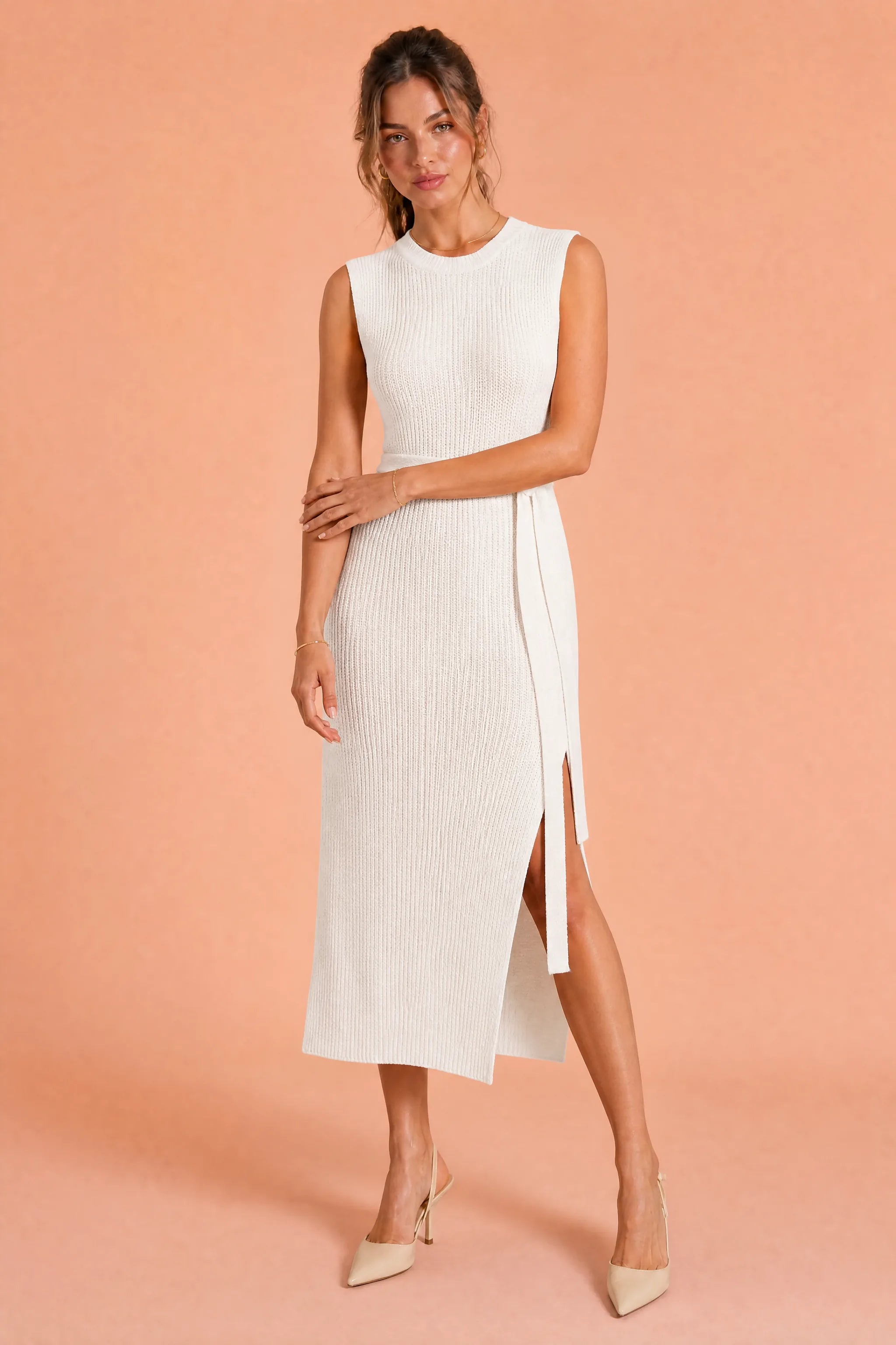 Robe longue en maille fendue | Variante Blanc | Lounelle Paris