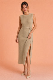 Robe longue en maille fendue | Variante Beige | Lounelle Paris