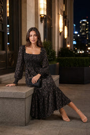 Robe longue fleurie manches bouffantes | Variante Noir - Lifestyle | Lounelle Paris