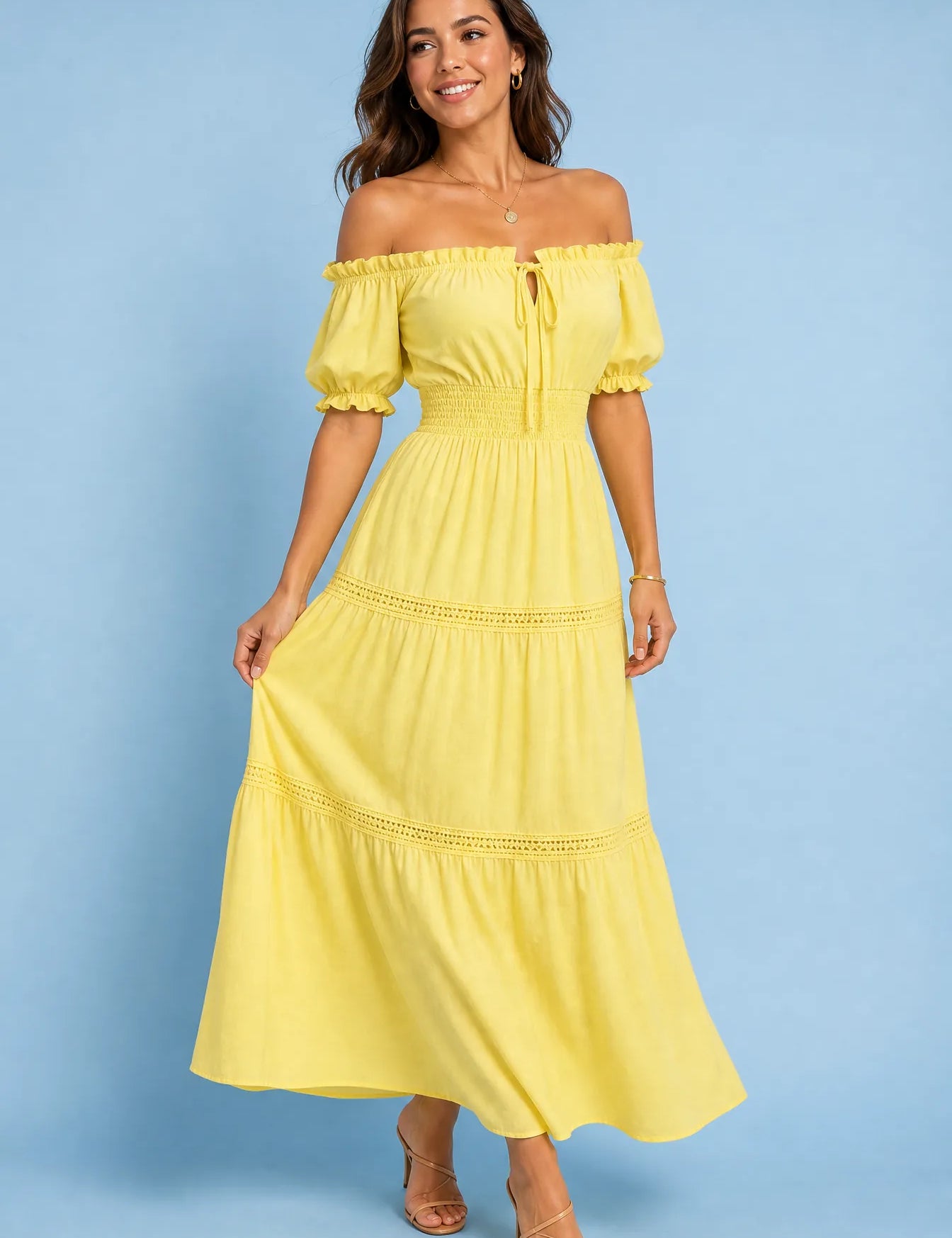Robe longue jaune épaules dénudées | Vue de face | Lounelle Paris