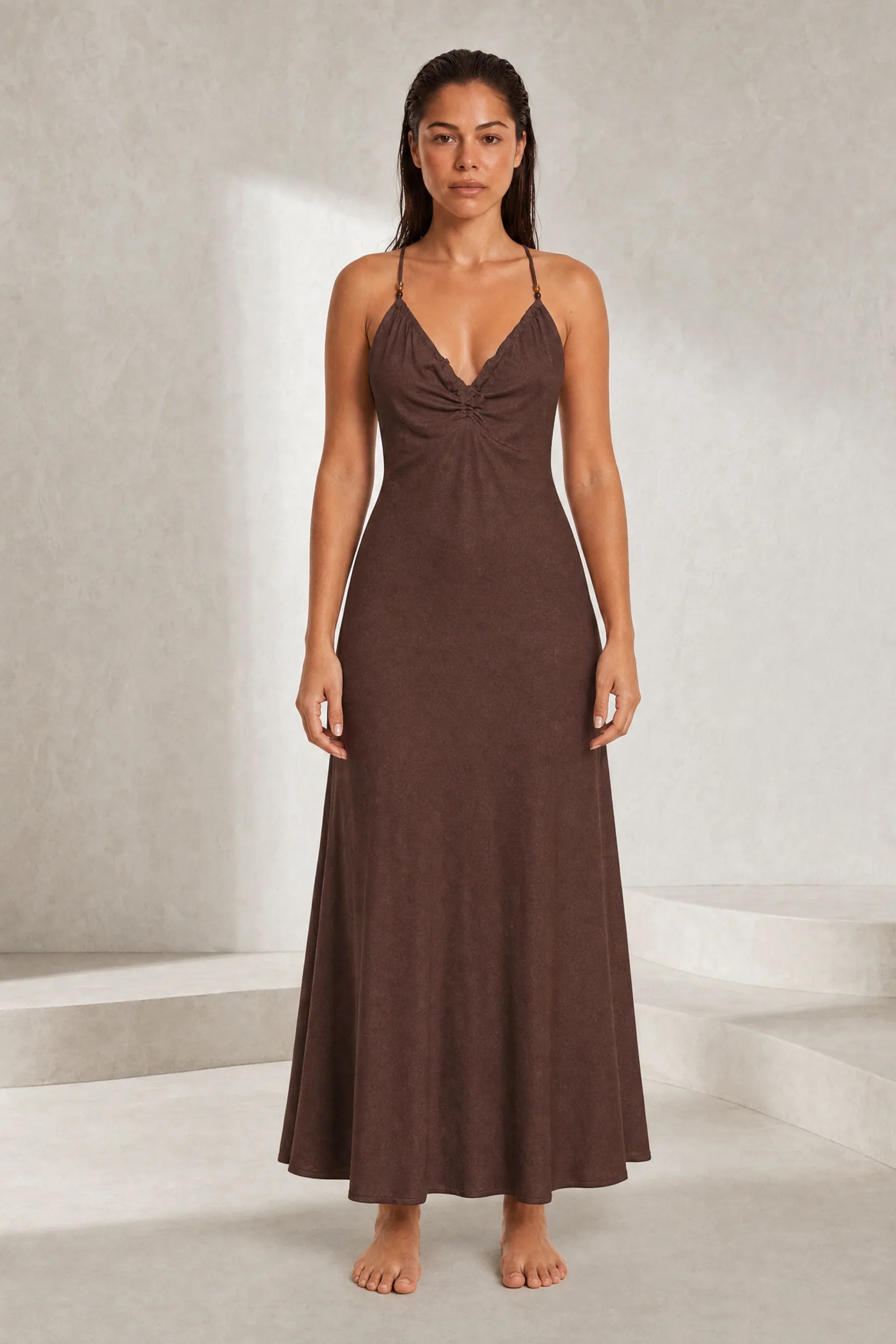 Robe longue marron bretelles croisées | Lounelle Paris