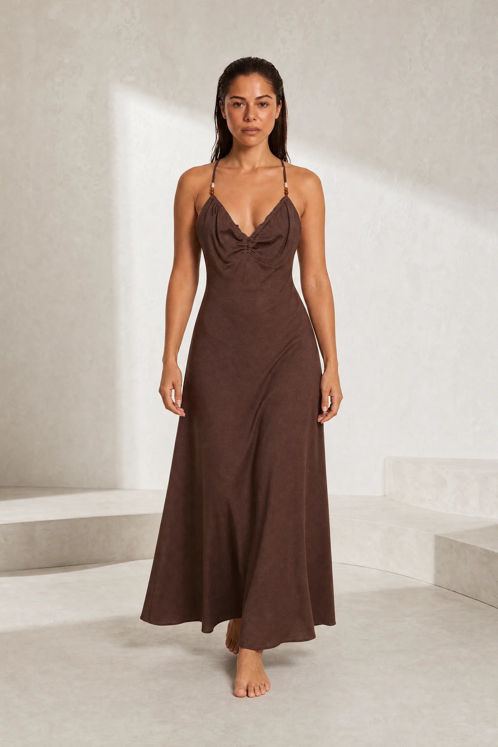 Robe longue marron bretelles croisées | Lounelle Paris