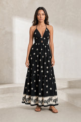 Robe longue noire fleurie dos nu
