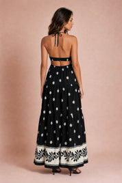 Robe longue noire fleurie dos nu | Vue de dos | Lounelle Paris