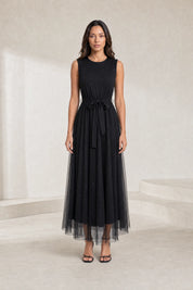 Robe longue noire tulle taille nouée | Lounelle Paris
