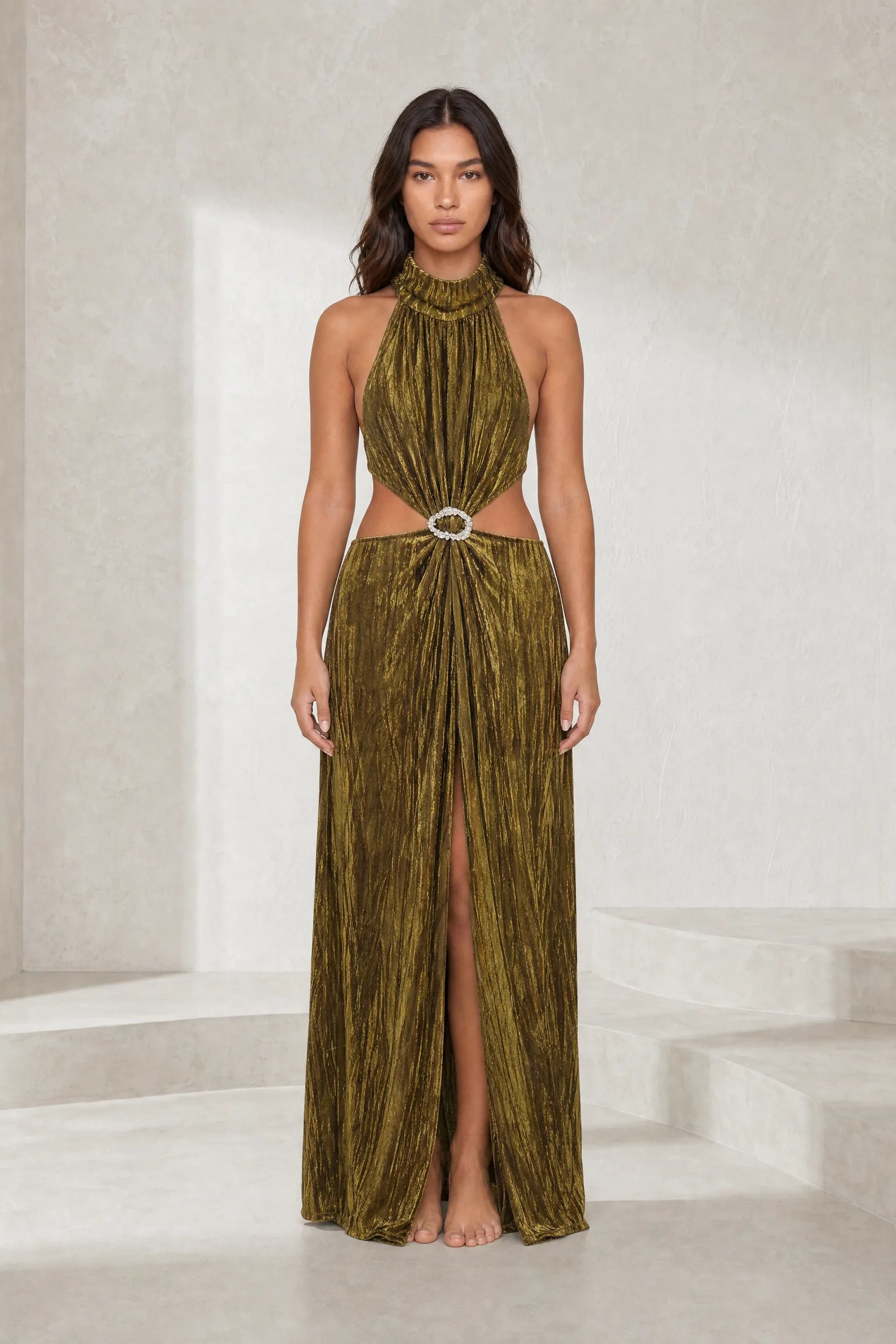Robe longue or olive dos ouvert | Lounelle Paris