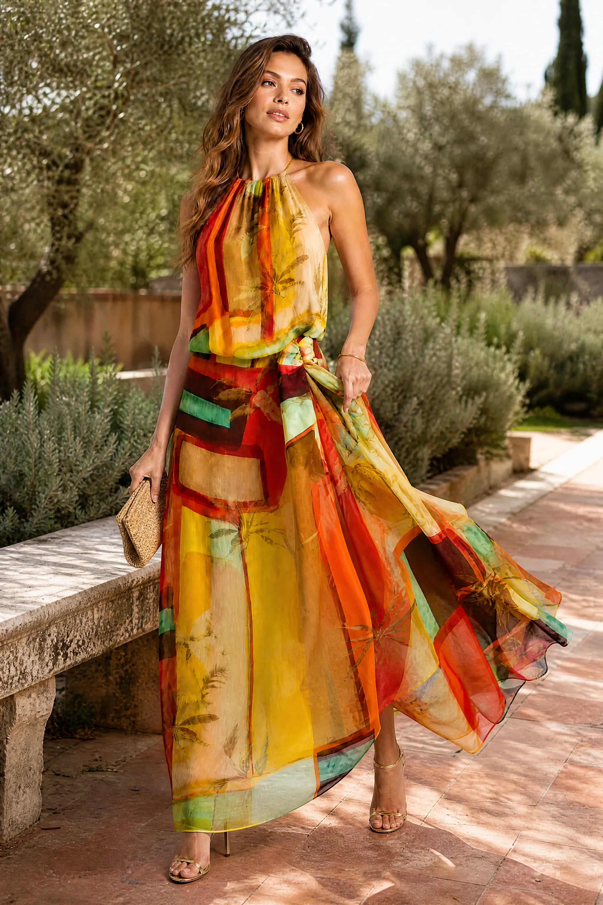 Robe longue orange col licou | Photo lifestyle | Lounelle Paris