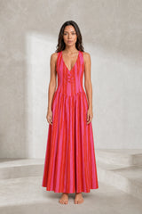 Robe longue rose rayée dos ouvert
