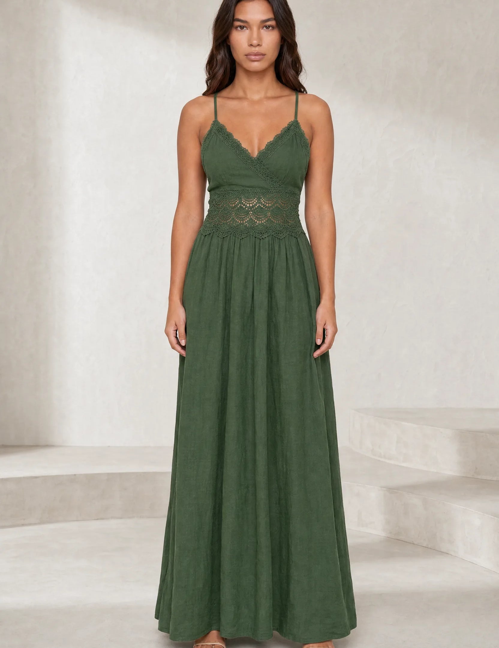 Robe longue vert foncé dos smocké | Lounelle Paris