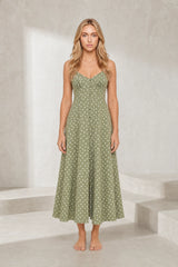 Robe longue verte à pois bretelles