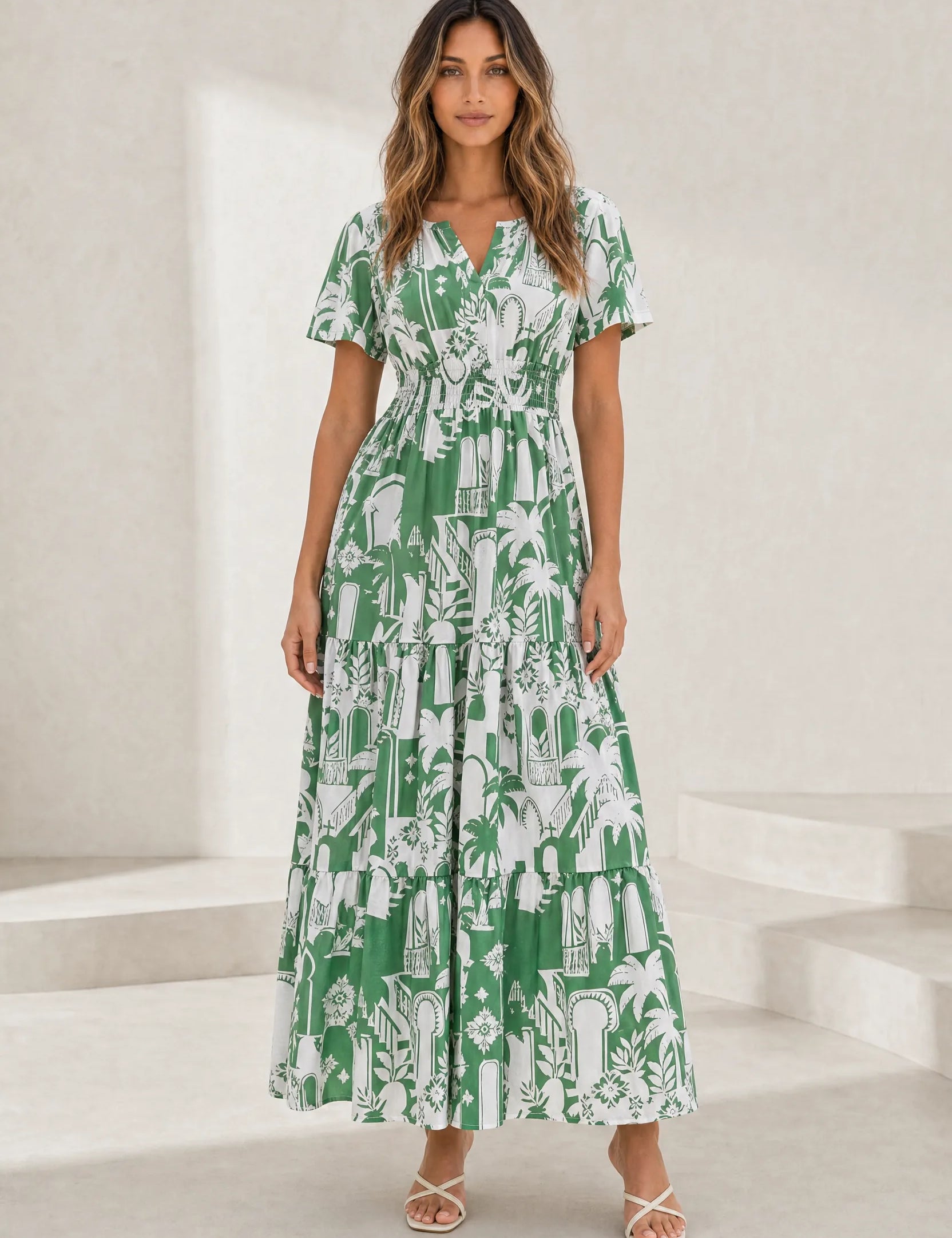 Robe longue verte imprimée col V | Lounelle Paris