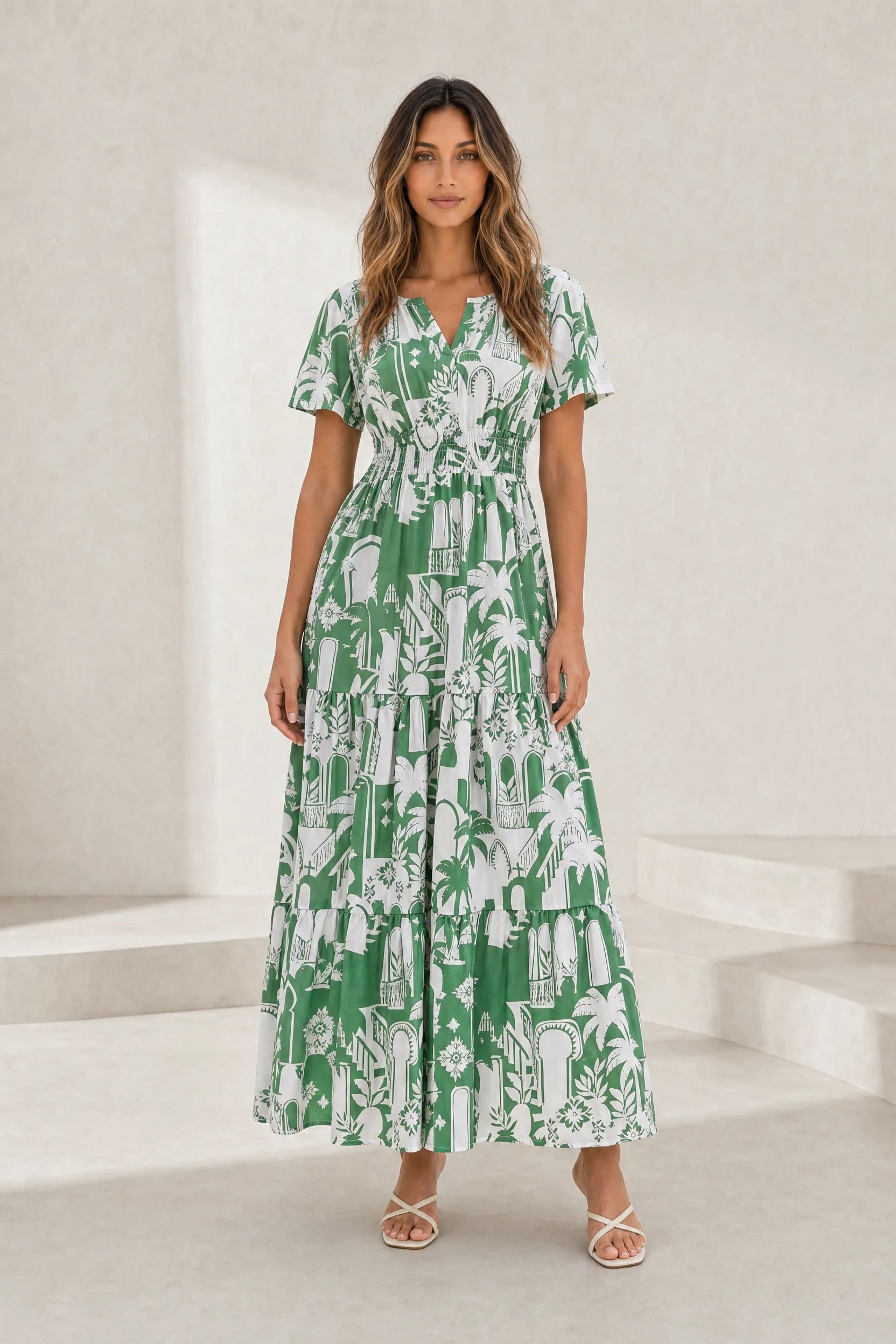 Robe longue verte imprimée col V | Lounelle Paris