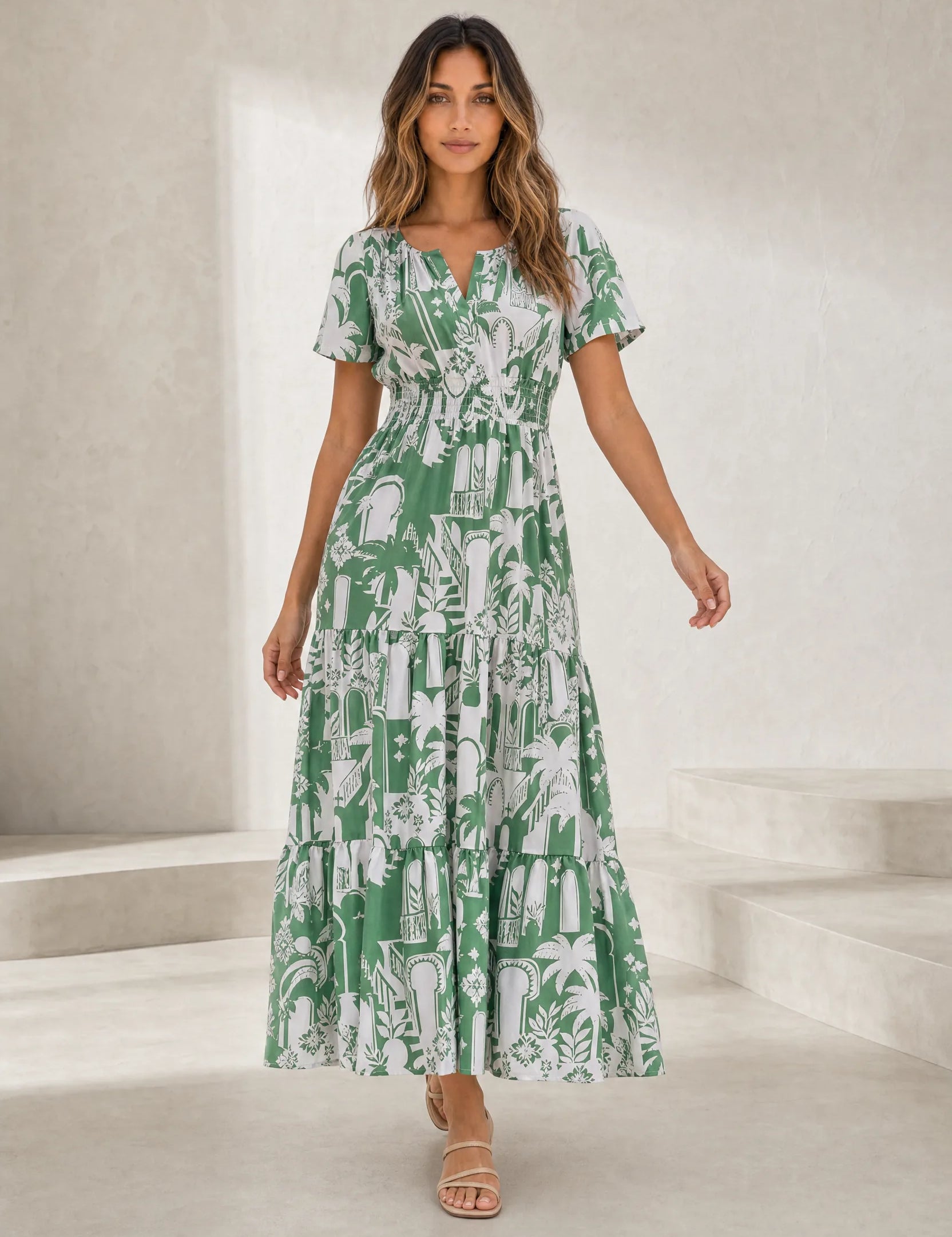 Robe longue verte imprimée col V | Lounelle Paris