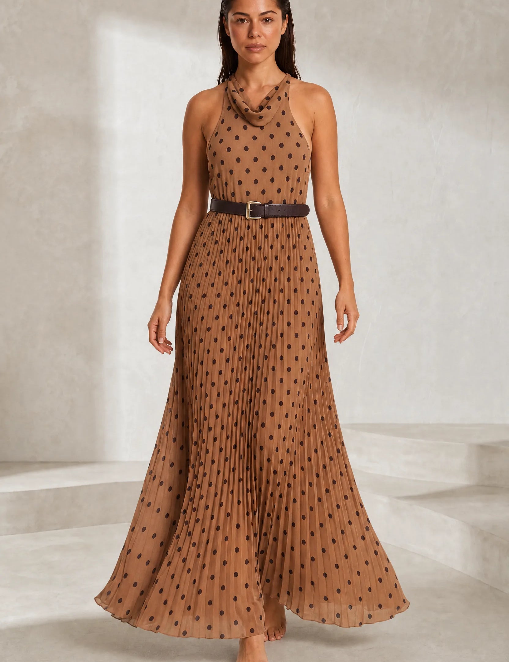 Robe marron à pois col licou | Lounelle Paris