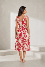 Robe midi rouge fleurie dos nu | Lounelle Paris