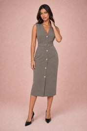 Robe noire col V ceinturée | Variante Taupe | Lounelle Paris