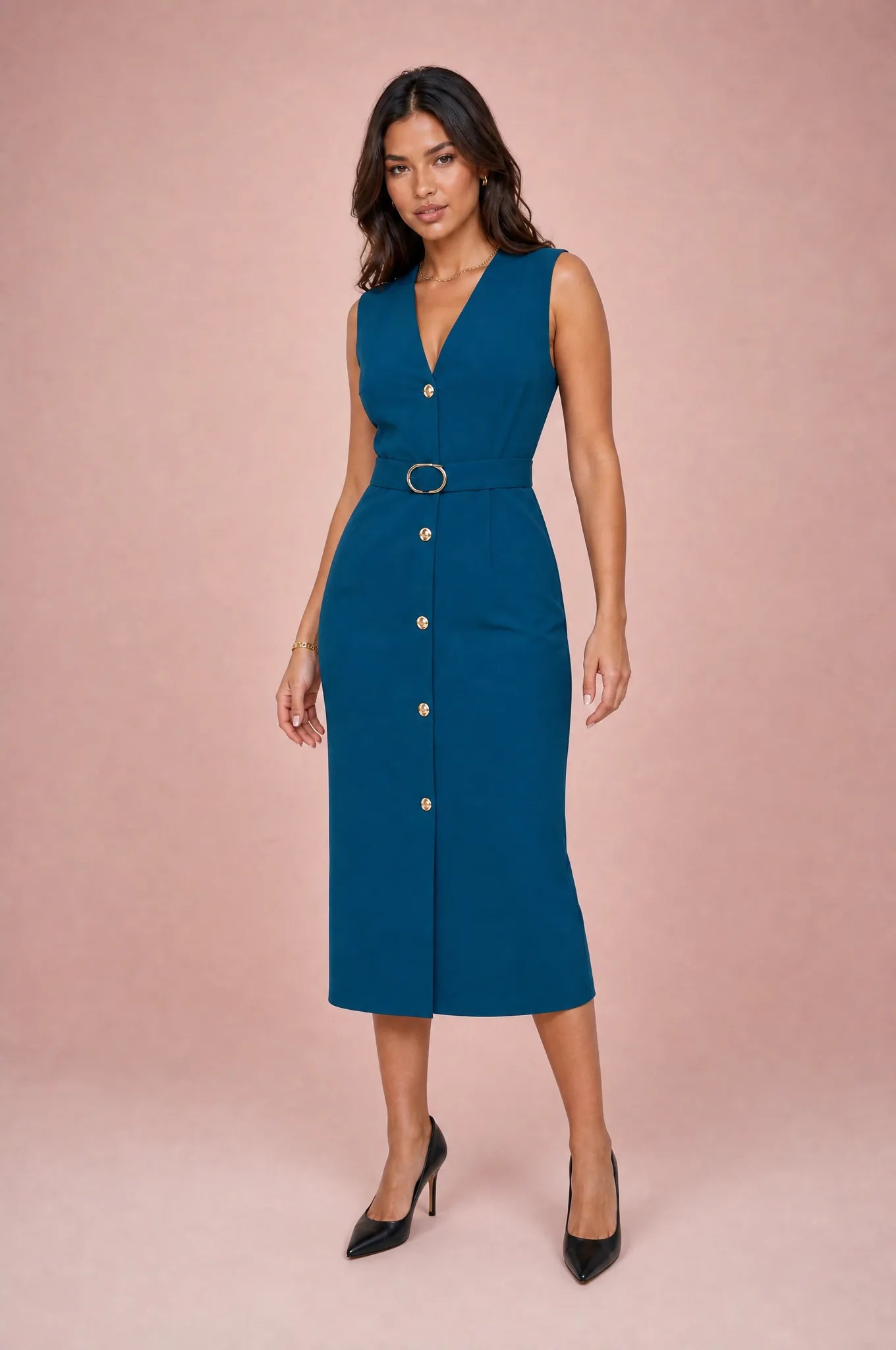 Robe noire col V ceinturée | Variante Bleu | Lounelle Paris