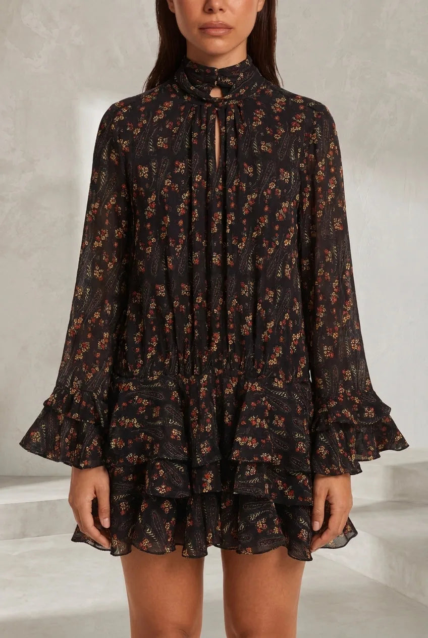 Robe noire imprimée à volants | Lounelle Paris