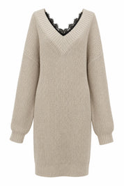 Robe pull beige col V dentelle | Lounelle Paris