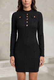 Robe pull noire texturée col montant | Lounelle Paris