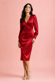 Robe satinée à col V | Variante Rouge | Lounelle Paris