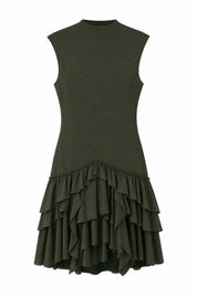Robe vert foncé col montant à volants | Lounelle Paris