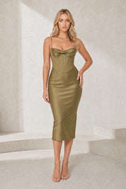 Robe vert olive col drapé satinée | Lounelle Paris