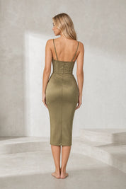 Robe vert olive col drapé satinée | Lounelle Paris