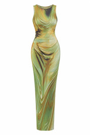 Robe verte imprimée sans manches | Lounelle Paris